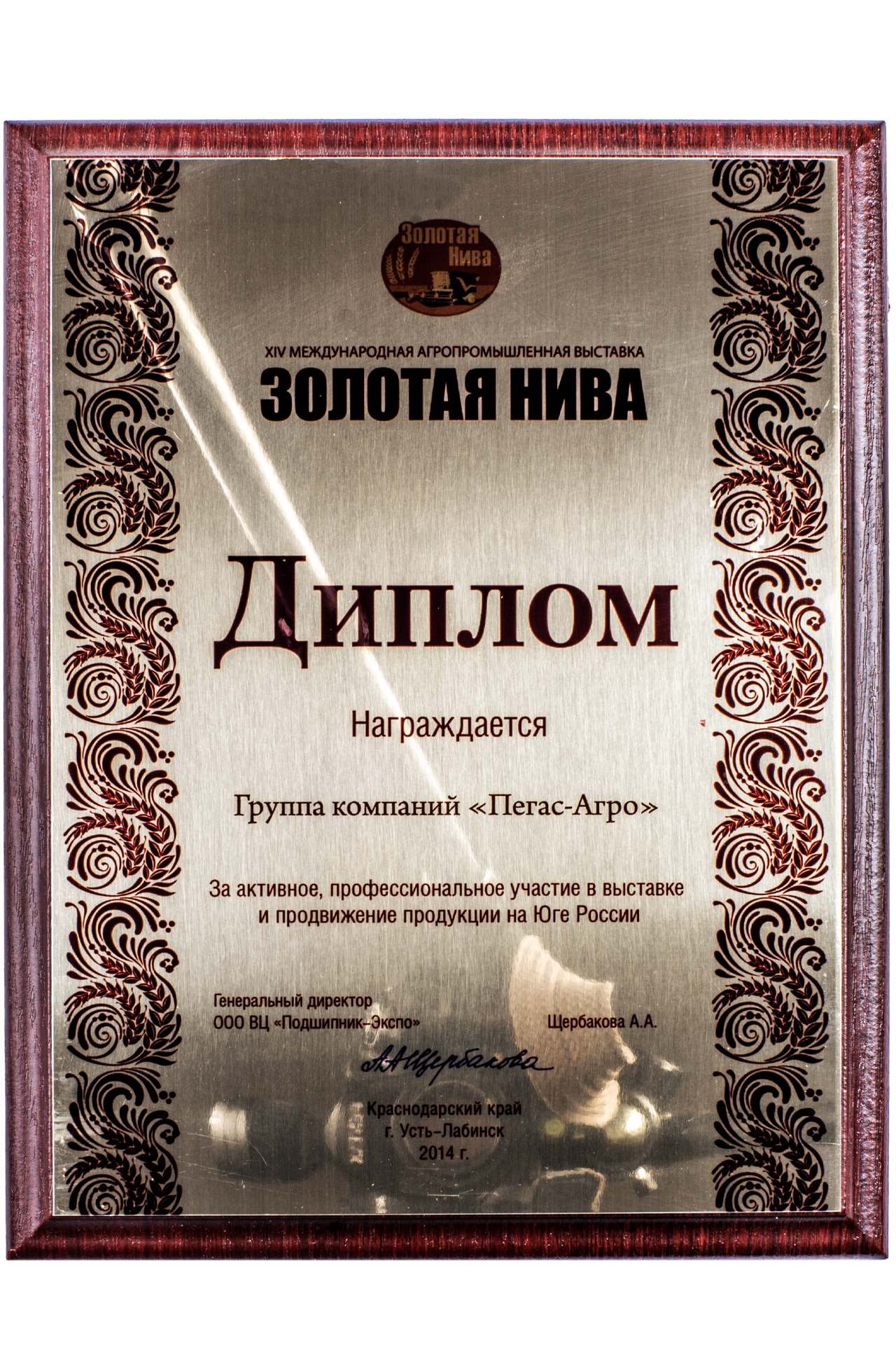 Diploma for Active Participation in the 14th International Agroindustrial Exhibition “Golden Field”, the Krasnodar Territory, Ust-Labinsk