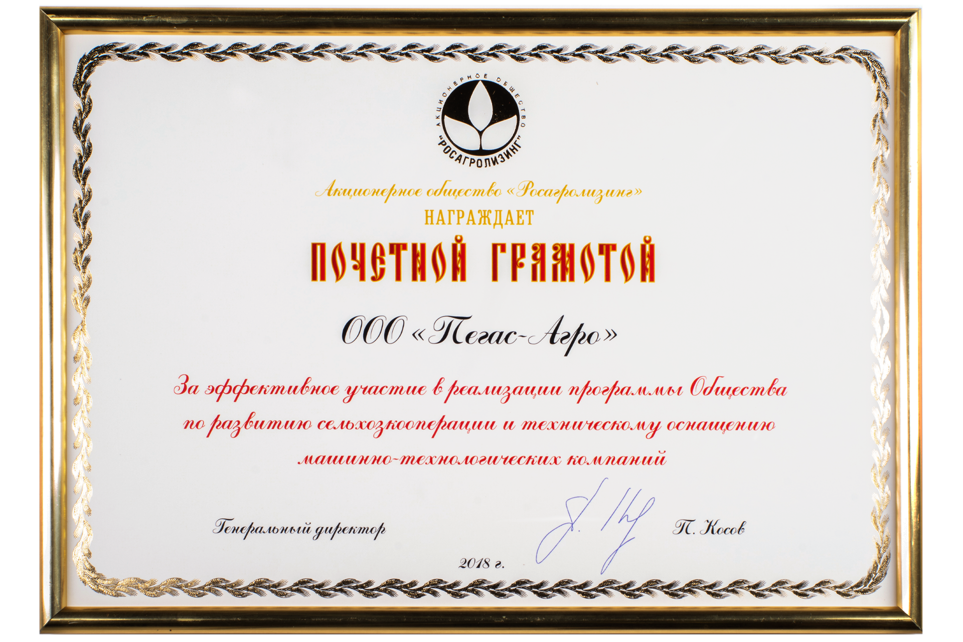 Certificate of Appreciation, JSC “RosAgroLeasing”, Moscow